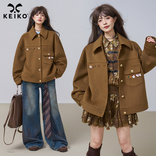 KEIKO 巴恩风复古咖色毛呢外套女26初春老钱风廓形小个子短款大衣