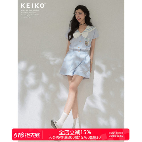 KEIKO浅蓝色海军领连体短裤