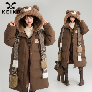 KEIKO 羊羔毛毛绒棕熊连帽棉服女冬季复古宽松加厚面包服中长款