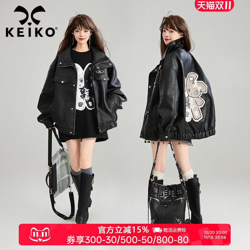 KEIKO [重工贴布绣] 酷飒雾面哑光皮衣外套女秋季黑色车机皮夹克