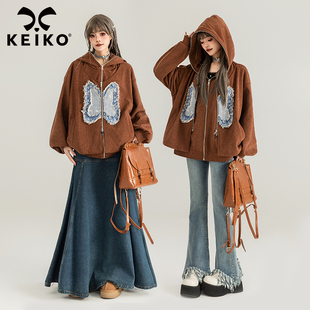 KEIKO 设计感蝴蝶绣花宽松上衣 加绒 复古软糯灯芯绒外套2024秋季