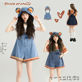 2026春夏小个子宽松阔腿裤 减龄撞色背带牛仔短裤 可卸帽 KEIKO