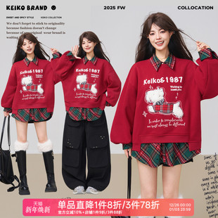 圣诞新年穿搭短款 KEIKO 美式 小狗绣花红色卫衣女春季 上衣 加密绒