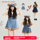 2026春夏小个子宽松阔腿裤 减龄撞色背带牛仔短裤 可卸帽 KEIKO