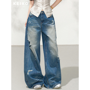 KEIKO 美式街头毛边破洞牛仔裤女26夏季丹宁复古廓形低腰阔腿裤子