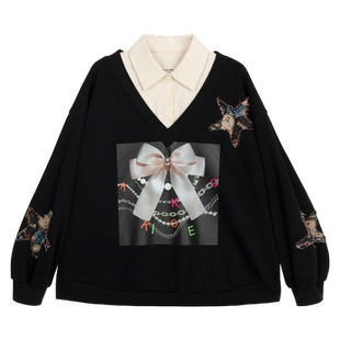 KEIKO [加密绒] 蝴蝶结印花假两件卫衣2026春季设计感polo领外套