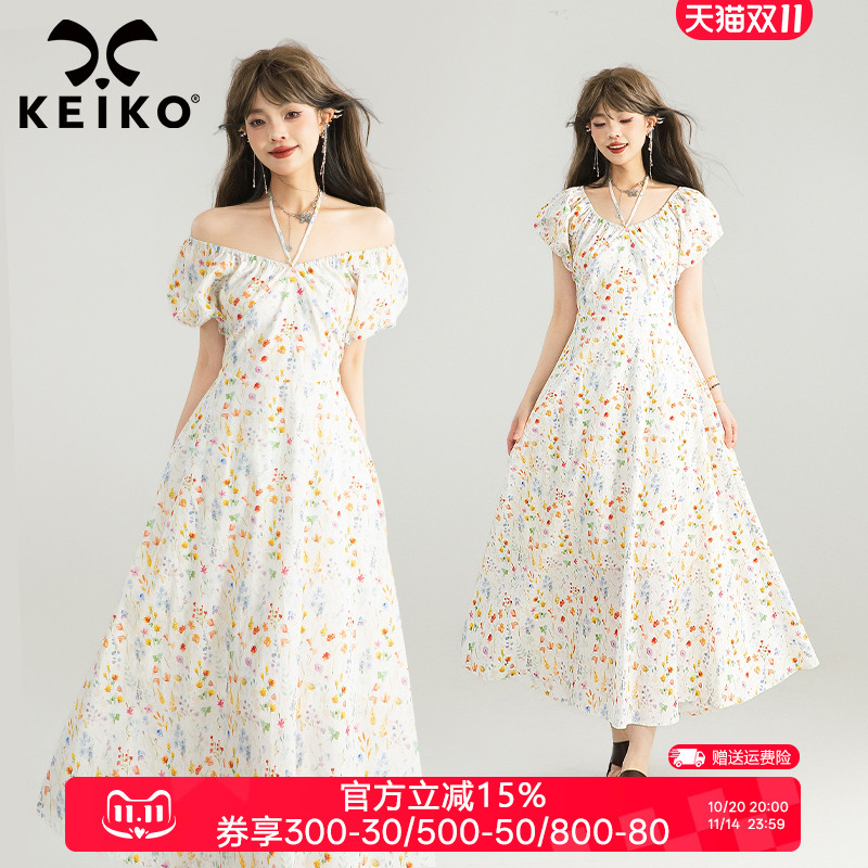 KEIKO一字领露肩碎花连衣裙