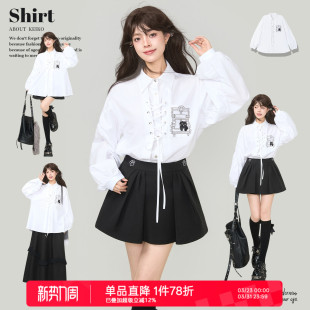 温柔风绑带上衣娃娃衫 KEIKO 2026早春法式 衬衫 萌猫刺绣白色泡泡袖