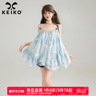 KEIKO [刺绣碎花]不规则荷叶边吊带裙短裙夏季海边度假无袖连衣裙