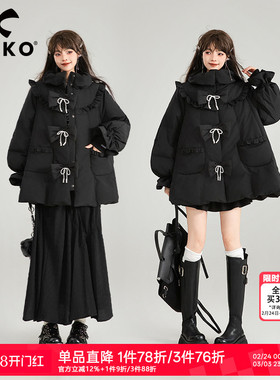 KEIKO [高克重229g白鸭绒]黑色斗篷型羽绒服冬季蝴蝶结饰加厚外套