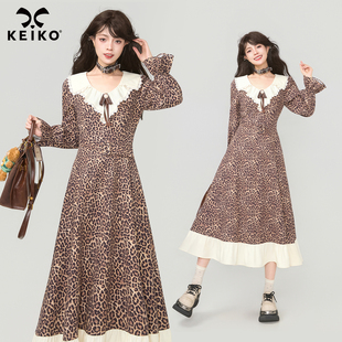 蕾丝荷叶领系带显瘦长裙子 复古豹纹拼接连衣裙2026春季 KEIKO 法式