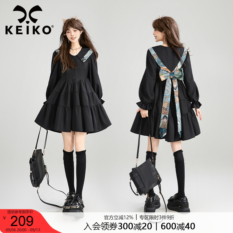 KEIKO 蝴蝶结girl 提花黑色连衣裙秋季层叠拼接A字蓬蓬蛋糕短裙子