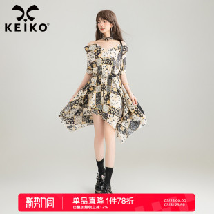 KEIKO 波嬉系不规则一字肩漂亮花格子裙子 波西米亚吊带连衣裙夏季