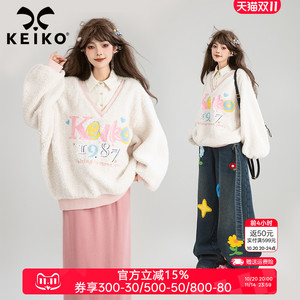 KEIKO [重工刺绣]假两件polo领羊羔毛卫衣女慵懒减龄宽松显瘦上衣