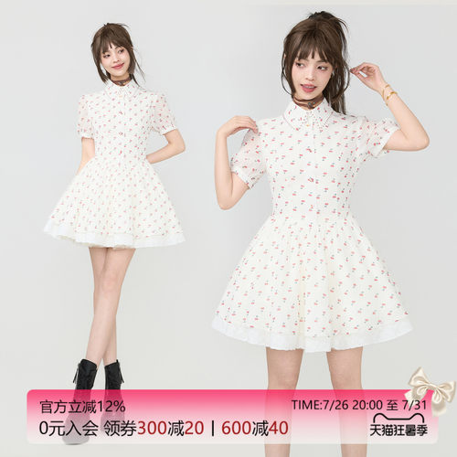 KEIKO夏季樱桃碎花蕾丝连衣裙