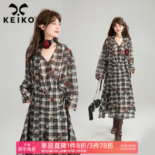 KEIKO 轻法风V领碎花连衣裙25早秋复古内搭外穿长裙 赠扎花颈带