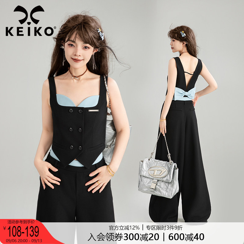 KEIKOmiu系蝴蝶结吊带阔腿套装图片