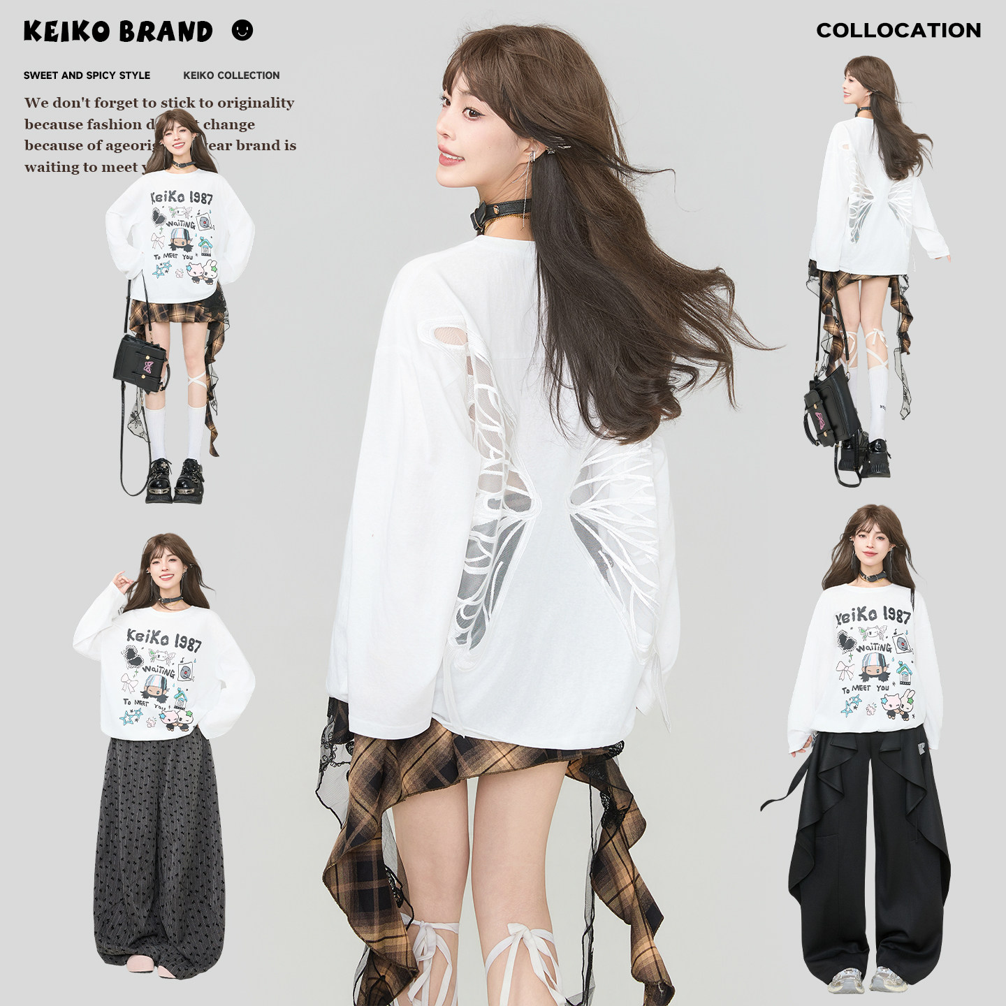 KEIKO 白色卡通印花抽绳长袖t恤26春季蝴蝶刺绣露背宽松休闲上衣,女装/女士精品,T恤,淘宝优惠券,粉丝福利购,淘宝优惠卷