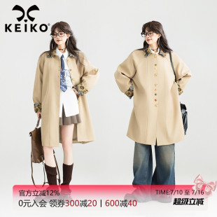 KEIKO 向日葵提花翻领休闲风衣女秋季法式通勤中长款翻领夹克外套