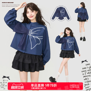 女26春夏灯笼袖 KEIKO 上衣 衬衫 长袖 蝴蝶结少女girl 甜系蓝色短款