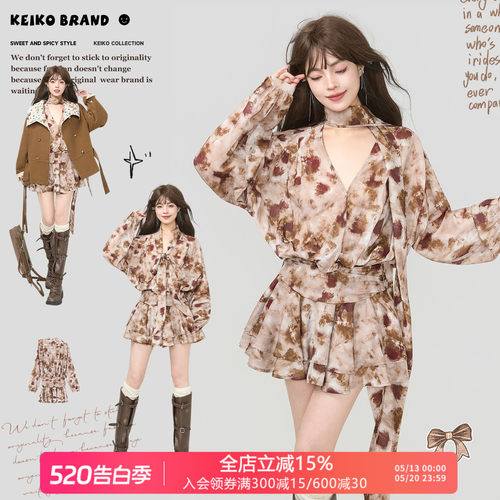 KEIKO法式茶歇雪纺百褶连衣裙