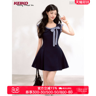 KEIKO 千金风掐腰无袖短款连衣裙夏季甜美法式蝴蝶结蓬蓬百褶短裙