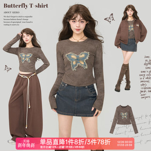 辣妹复古弹力修身 t恤女26春季 显瘦打底上衣 蝴蝶花贴布长袖 KEIKO