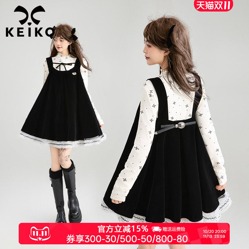 KEIKO [蕾丝花边] 千金感丝绒背带连衣裙秋季法式蓬蓬A字吊带短裙