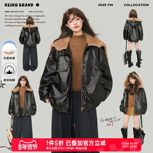 KEIKO 美式复古黑色皮衣棉服女冬季擦色做旧加厚大毛领pu皮外套
