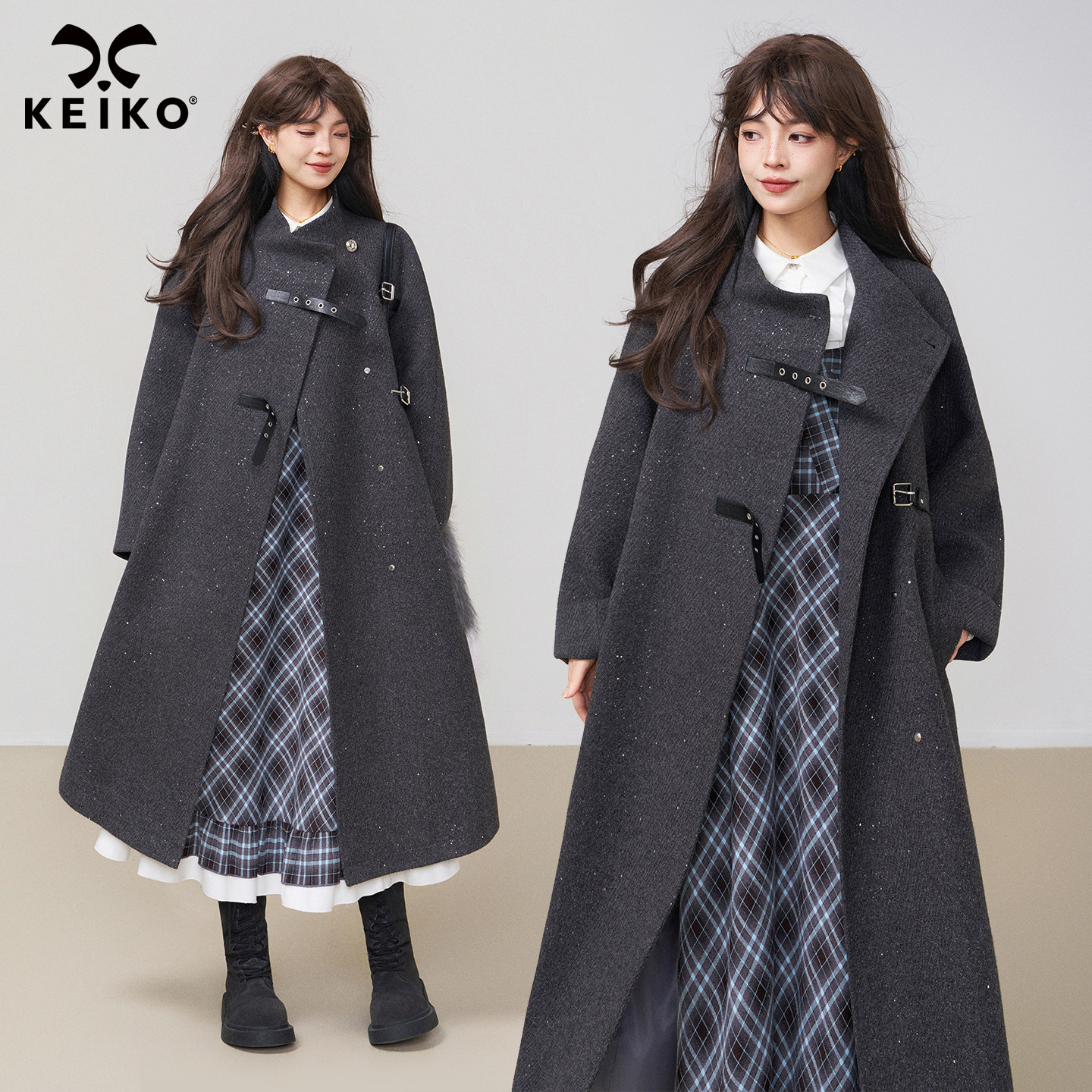KEIKO韩版廓形灰色立领毛呢大衣