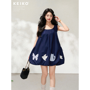 KEIKO 多元贴布艺术无袖花苞连衣裙夏季智性甜美风U领背心短裙子