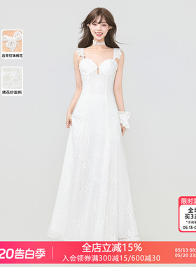 KEIKO 法式蕾丝花朵白色吊带裙夏季纯欲修身显瘦露背连衣裙礼服裙