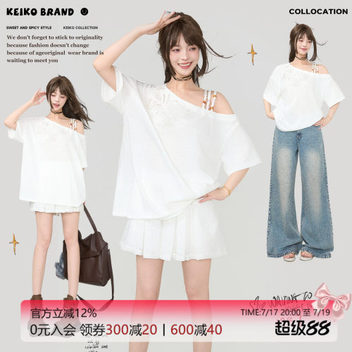 KEIKO 钉珠蝴蝶花饰斜肩型宽松t恤女26夏季温柔姐感显瘦露肩上衣