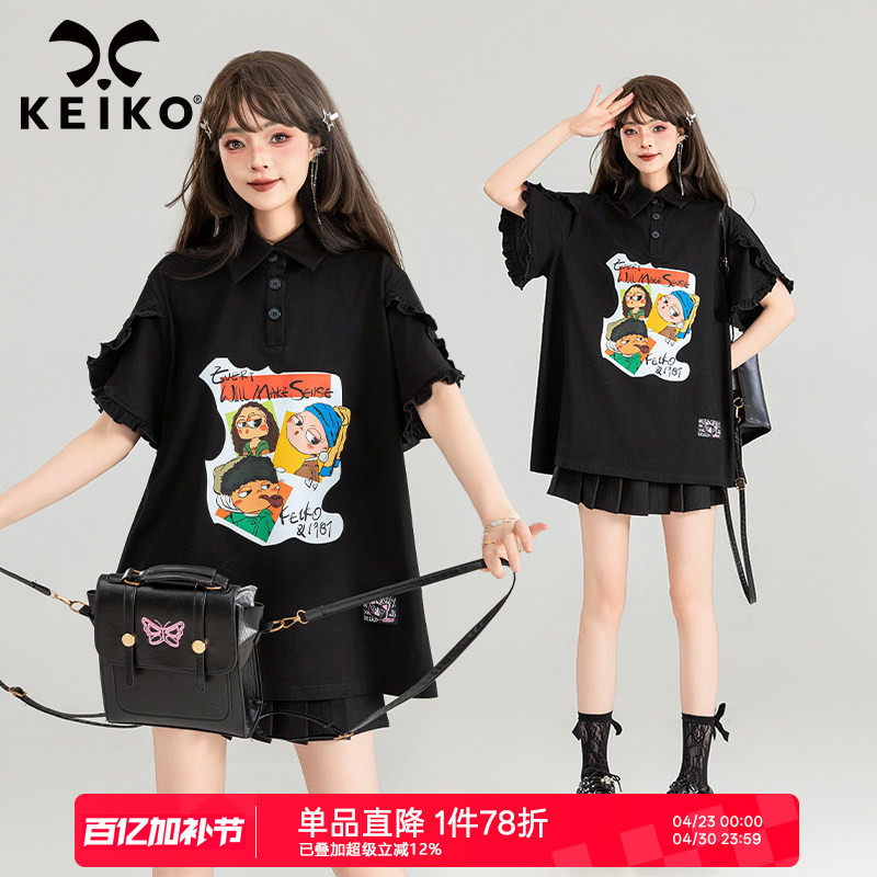 KEIKO元气少女黑色短袖t恤女polo衫夏季减龄萌趣印花宽松休闲上衣