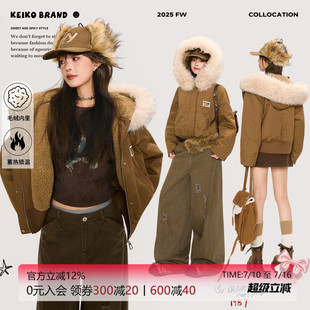 KEIKO [毛绒内里]美式乡村风短款连帽棉服冬季宽松休闲派克服外套