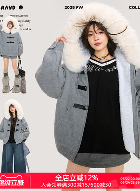 KEIKO [蓄热毛绒内里]大毛领灰色连帽棉服外套冬季美式复古小棉袄