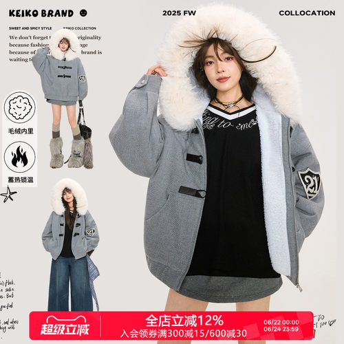 KEIKO大毛领灰色连帽棉服外套