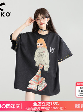 KEIKO 美式复古印花短袖t恤女中长款夏季y2k嘻哈铆钉饰宽松t恤裙