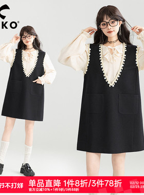 KEIKO 织带饰深V黑色背心裙短裙26春季叠搭千金感显瘦无袖连衣裙