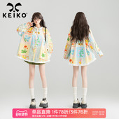 KEIKO 上衣 26春日多巴胺穿搭蕾丝花边娃娃衫 涂鸦印花格子长袖 衬衫