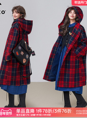 KEIKO 复古红色格子毛呢大衣女25秋冬英伦风斗篷形连帽圈圈呢外套