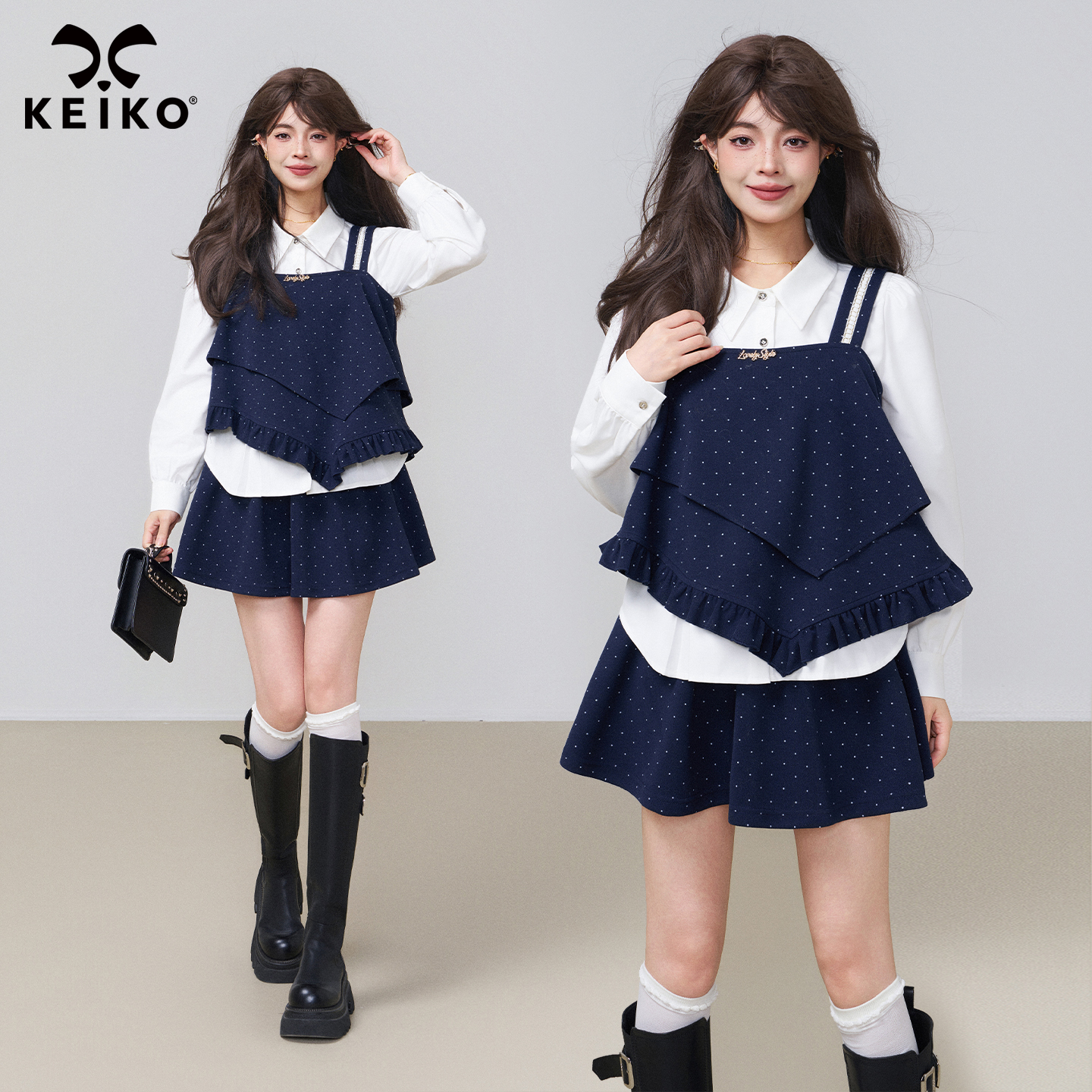 KEIKO韩系织条拼接波点吊带背心