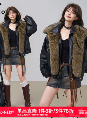 KEIKO 可卸环保雪狼狐毛领黑色皮衣棉服女秋冬机车风短款夹棉外套