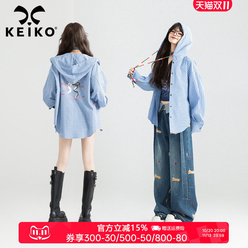 KEIKO 美式复古蓝色格子连帽衬衫女秋季设计感印花薄款开衫外套