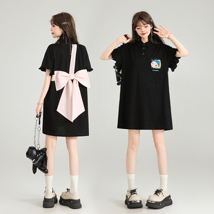 KEIKO 蝴蝶结girl 甜系黑色polo领连衣裙夏季少女感减龄t恤裙