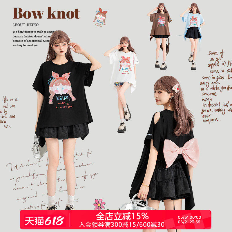 KEIKO [双面伊人] 甜酷风黑色短袖t恤女夏季少女感减龄蝴蝶结上衣