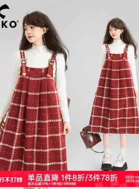 KEIKO 洋气减龄红色格纹花呢连衣裙春季新年穿搭复古显瘦背带裙