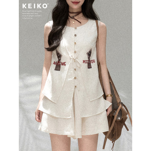 KEIKO 极简白色天丝亚麻休闲阔腿短裤女夏季轻薄透气半身百褶裙裤