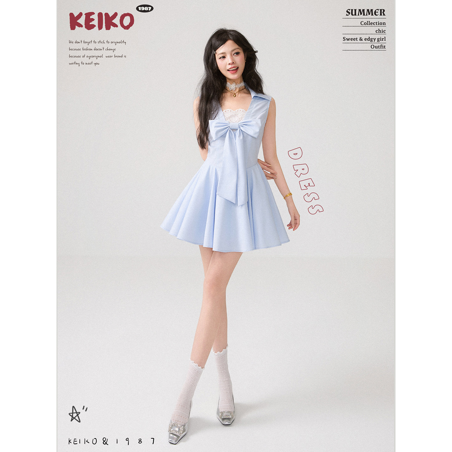 KEIKO韩系温柔蝴蝶结无袖连衣裙