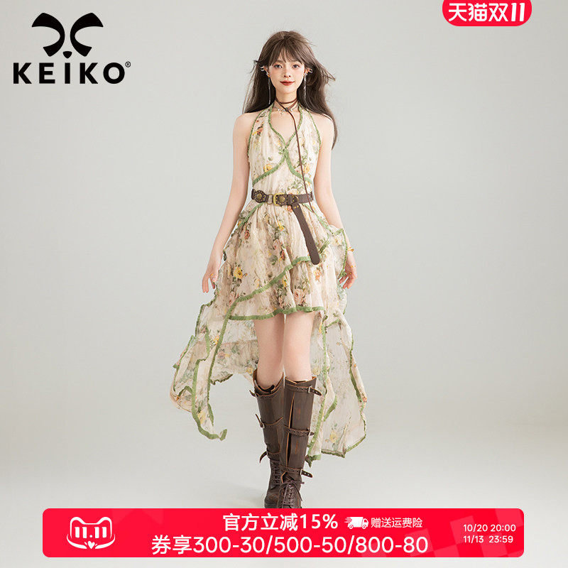 KEIKO 法式复古碎花挂脖连衣裙夏日波嬉系绝美不规则拖尾长裙子